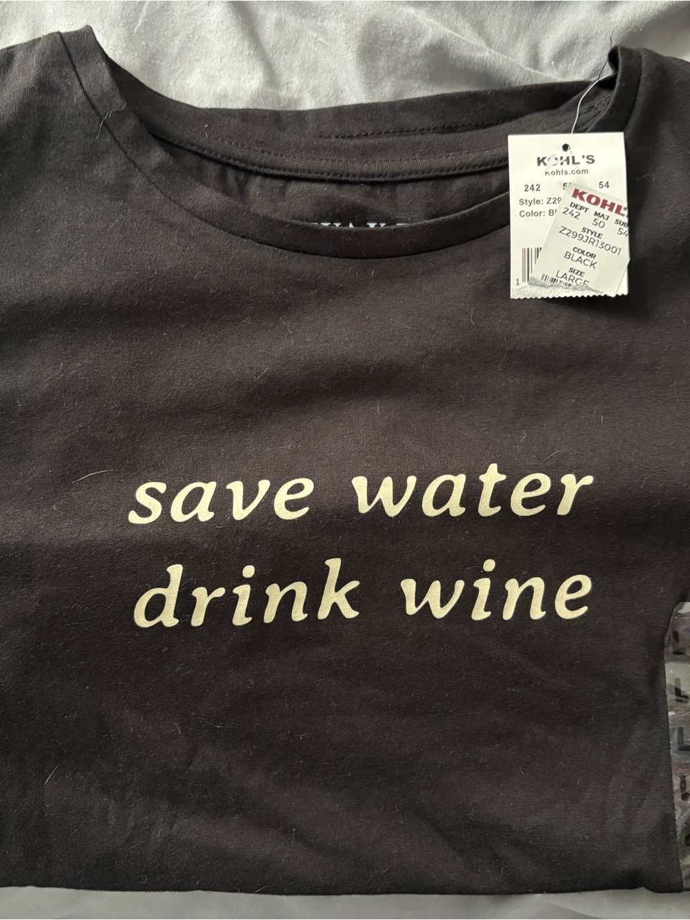 Kohl's Black T-Shirt with Cream "save water drink wine" Graphic - Women